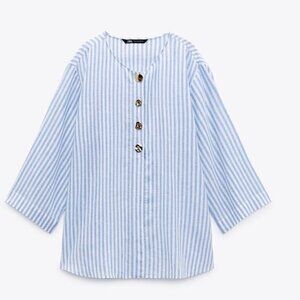 ZARA Blue and White Linen Blend Tunic Top Blouse with Gold Button Detail. Size S